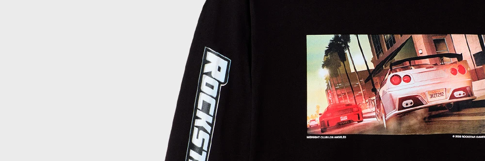 The Midnight Club: Los Angeles Screenshot Tee with text reading "Rockstar Games" written in the Midnight Club series logo style.