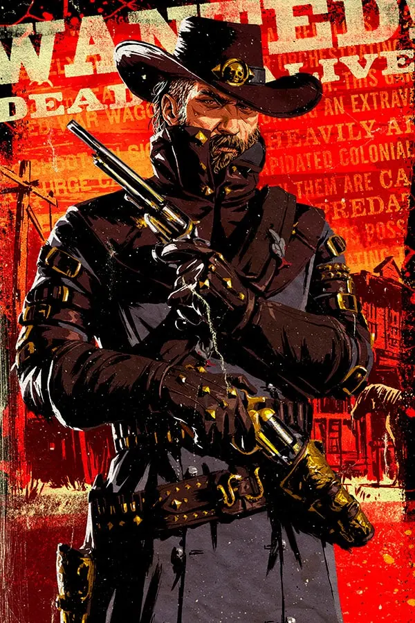 Red Dead Online Artwork of a Red Dead Online character in front of text reading “Wanted dead or alive”. 