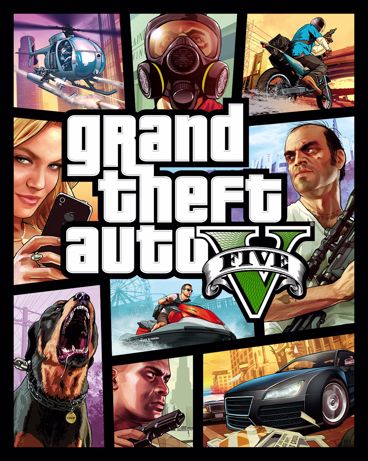 Arte de Grand Theft Auto V com personagens, carros, helicóptero e o logo do jogo