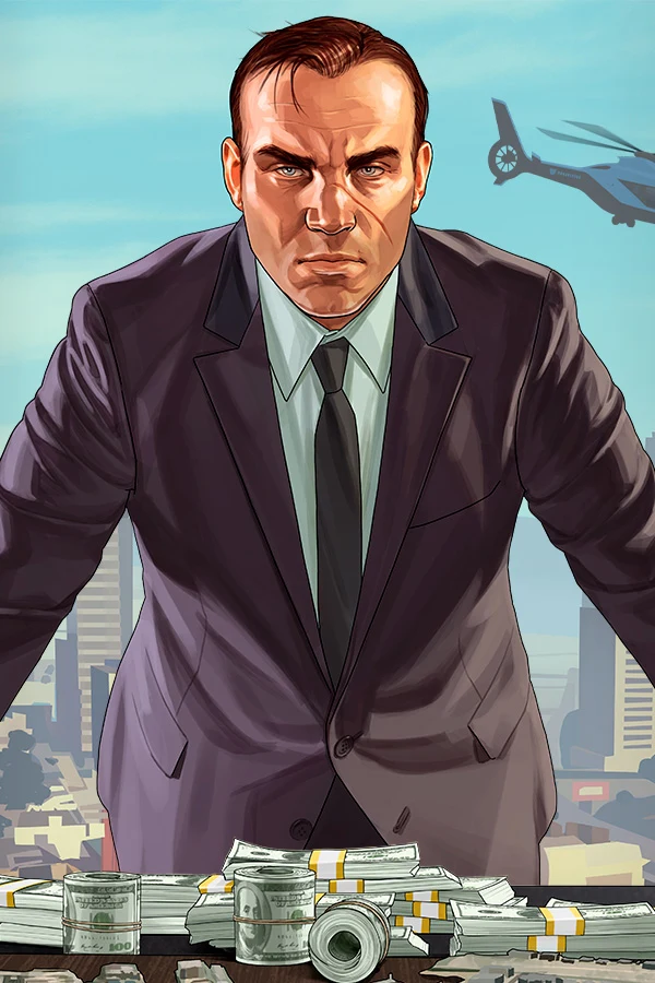 GTA Online artwork of a character leaning on a desk covered in cash. 