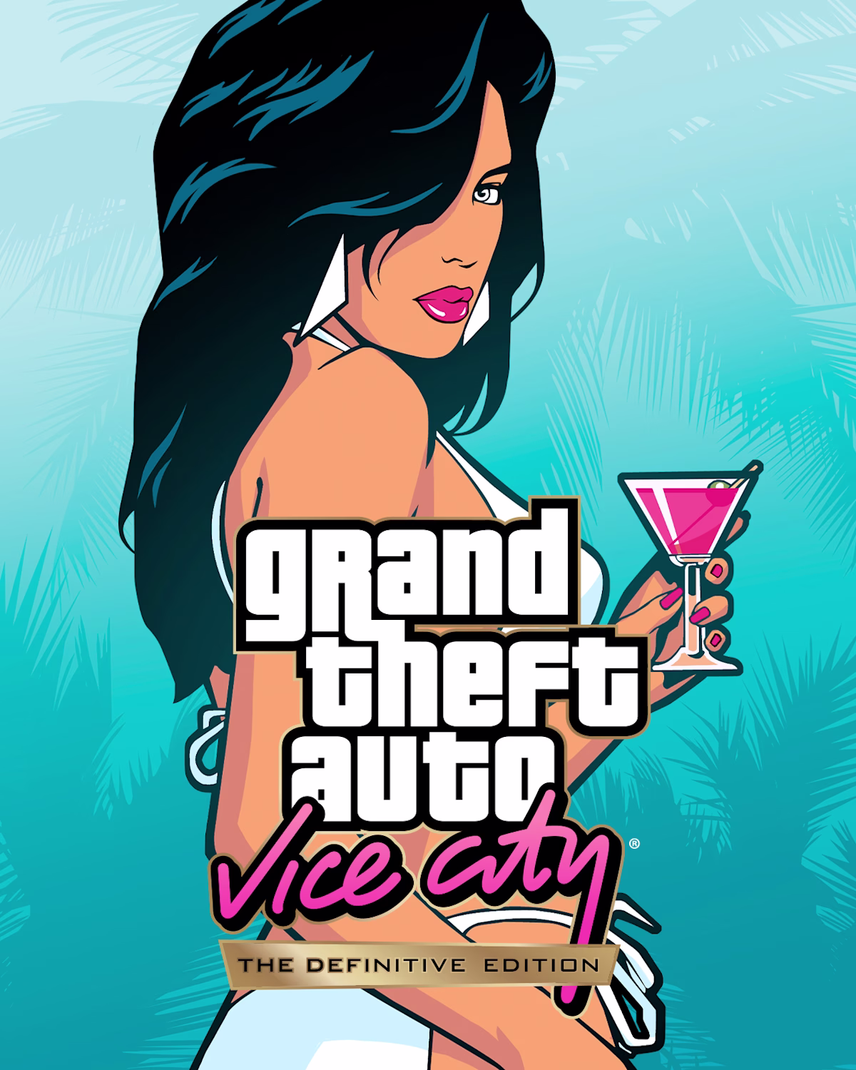 Arte de GTA Vice City em tons de rosa com personagens e palmeiras